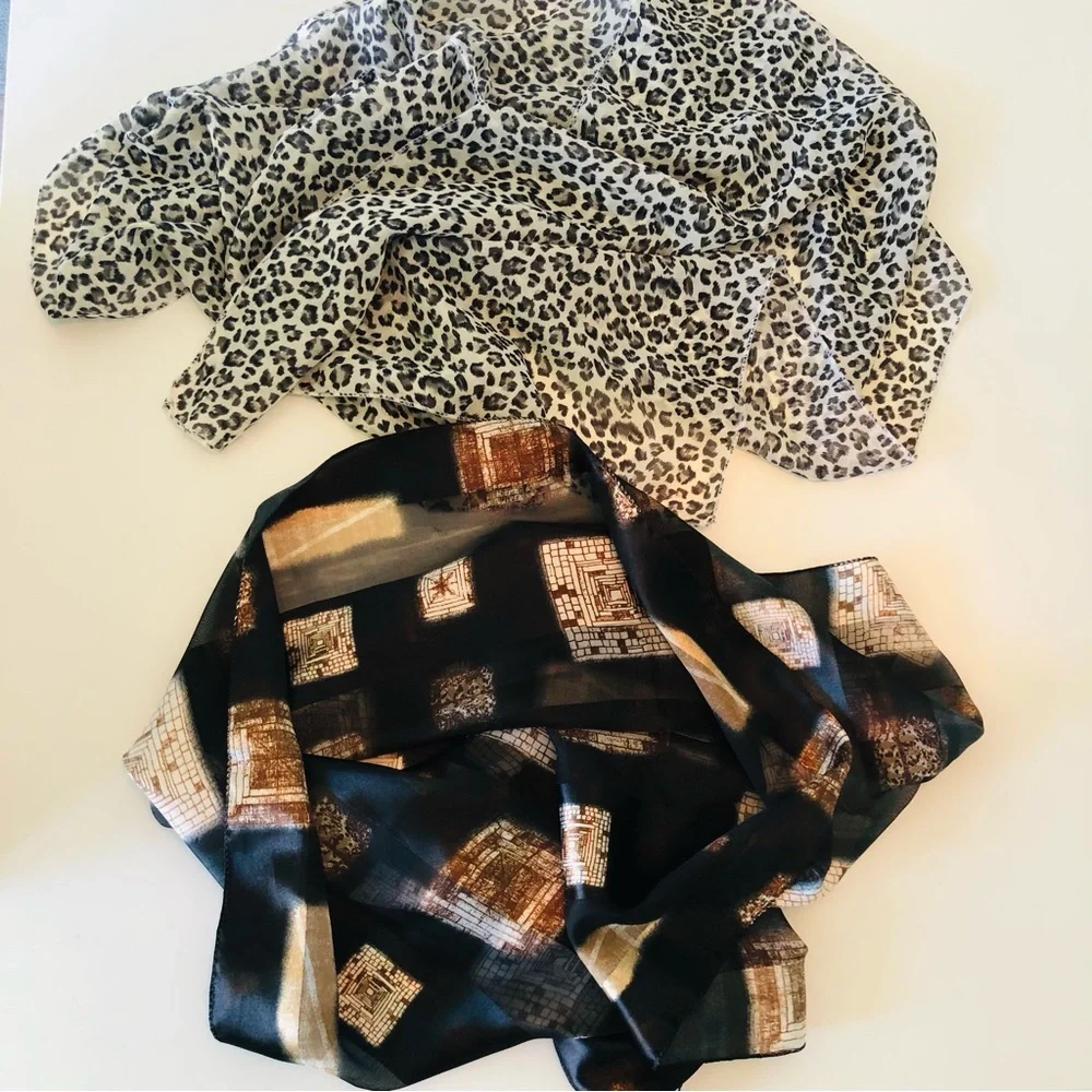 2 Silky Scarf Bundle, Animal Leopard Print & Abstract, Rectangle, 2 for 1 Trendy